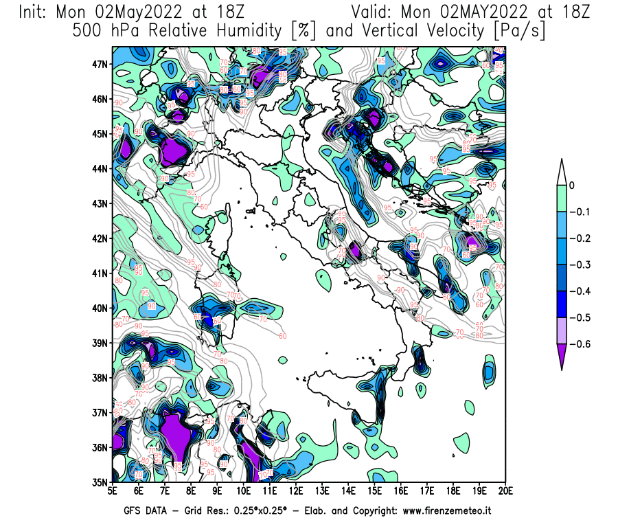 Mappa di analisi GFS - Umidità relativa [%] e Omega [Pa/s] a 500 hPa in Italia
									del 02/05/2022 18 <!--googleoff: index-->UTC<!--googleon: index-->