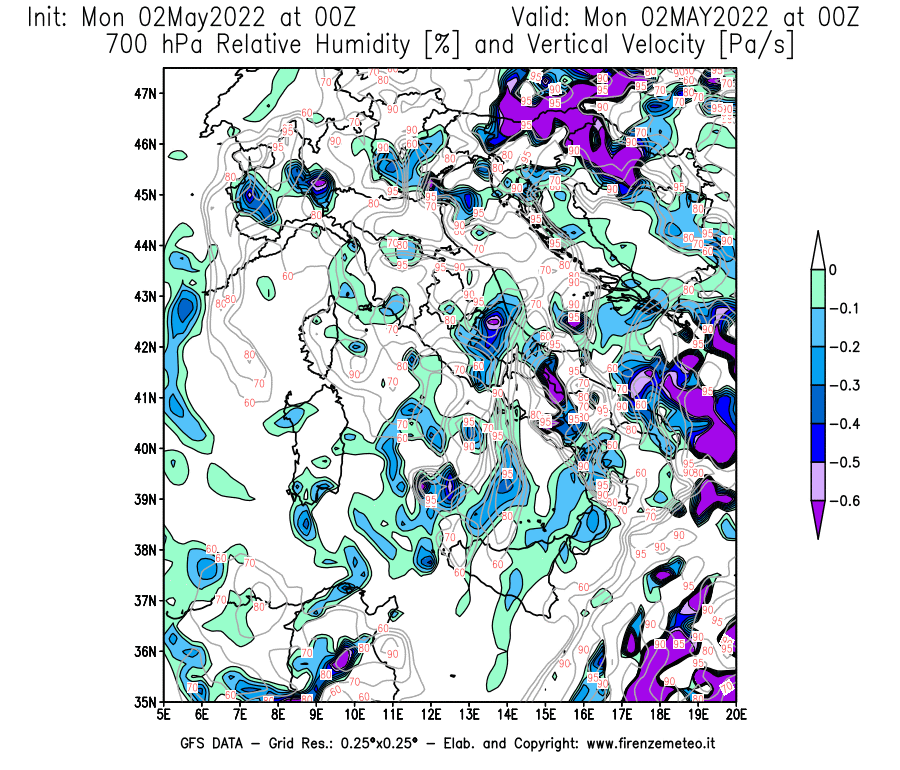 Mappa di analisi GFS - Umidità relativa [%] e Omega [Pa/s] a 700 hPa in Italia
									del 02/05/2022 00 <!--googleoff: index-->UTC<!--googleon: index-->
