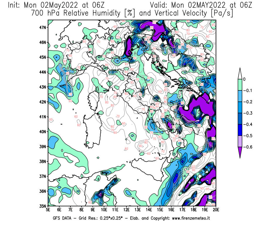 Mappa di analisi GFS - Umidità relativa [%] e Omega [Pa/s] a 700 hPa in Italia
									del 02/05/2022 06 <!--googleoff: index-->UTC<!--googleon: index-->