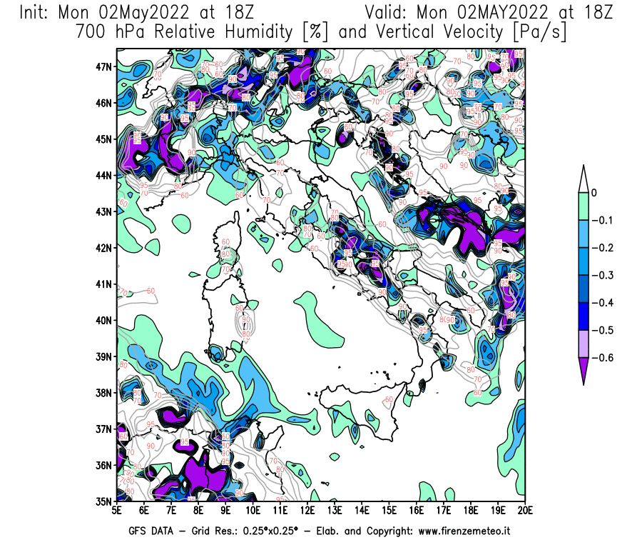 Mappa di analisi GFS - Umidità relativa [%] e Omega [Pa/s] a 700 hPa in Italia
									del 02/05/2022 18 <!--googleoff: index-->UTC<!--googleon: index-->
