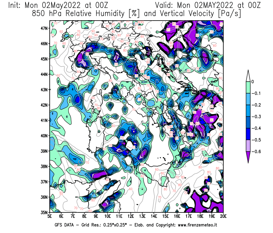 Mappa di analisi GFS - Umidità relativa [%] e Omega [Pa/s] a 850 hPa in Italia
									del 02/05/2022 00 <!--googleoff: index-->UTC<!--googleon: index-->