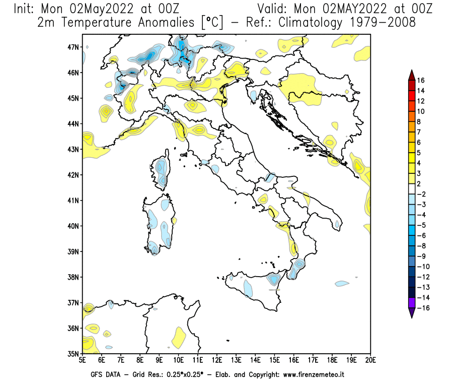 Mappa di analisi GFS - Anomalia Temperatura [°C] a 2 m in Italia
									del 02/05/2022 00 <!--googleoff: index-->UTC<!--googleon: index-->