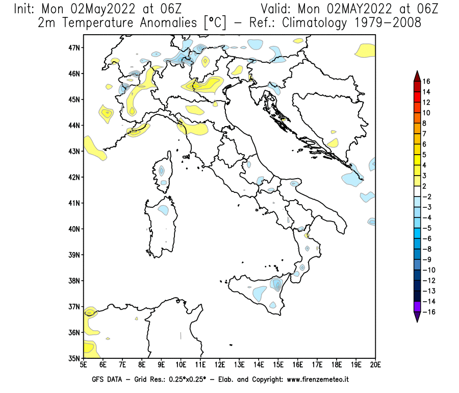 Mappa di analisi GFS - Anomalia Temperatura [°C] a 2 m in Italia
									del 02/05/2022 06 <!--googleoff: index-->UTC<!--googleon: index-->