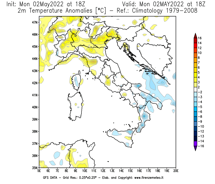 Mappa di analisi GFS - Anomalia Temperatura [°C] a 2 m in Italia
									del 02/05/2022 18 <!--googleoff: index-->UTC<!--googleon: index-->