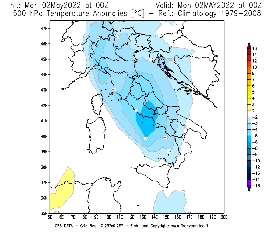 Mappa di analisi GFS - Anomalia Temperatura [°C] a 500 hPa in Italia
									del 02/05/2022 00 <!--googleoff: index-->UTC<!--googleon: index-->