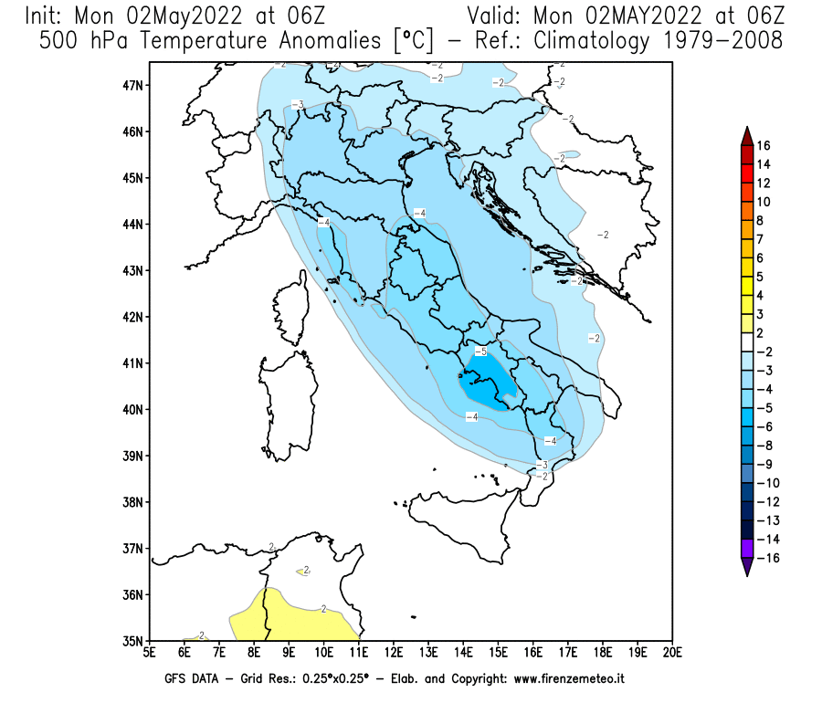 Mappa di analisi GFS - Anomalia Temperatura [°C] a 500 hPa in Italia
									del 02/05/2022 06 <!--googleoff: index-->UTC<!--googleon: index-->