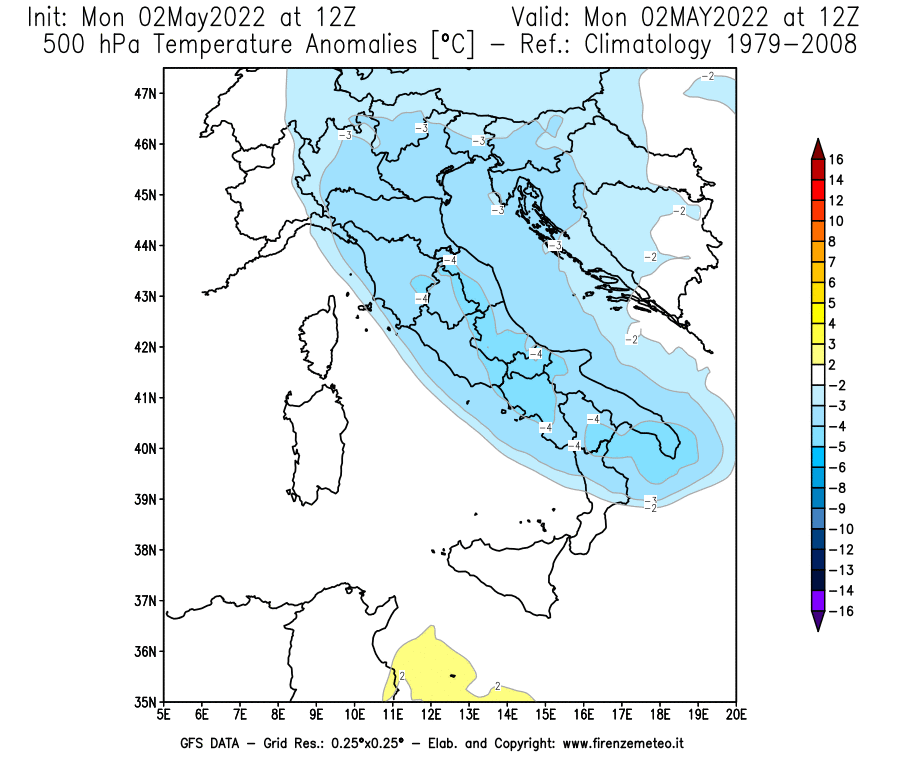 Mappa di analisi GFS - Anomalia Temperatura [°C] a 500 hPa in Italia
									del 02/05/2022 12 <!--googleoff: index-->UTC<!--googleon: index-->