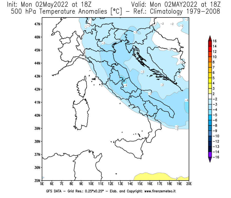 Mappa di analisi GFS - Anomalia Temperatura [°C] a 500 hPa in Italia
									del 02/05/2022 18 <!--googleoff: index-->UTC<!--googleon: index-->