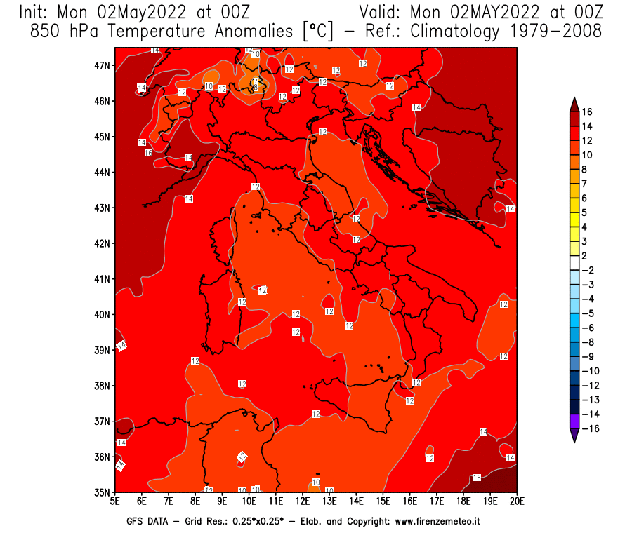 Mappa di analisi GFS - Anomalia Temperatura [°C] a 850 hPa in Italia
									del 02/05/2022 00 <!--googleoff: index-->UTC<!--googleon: index-->