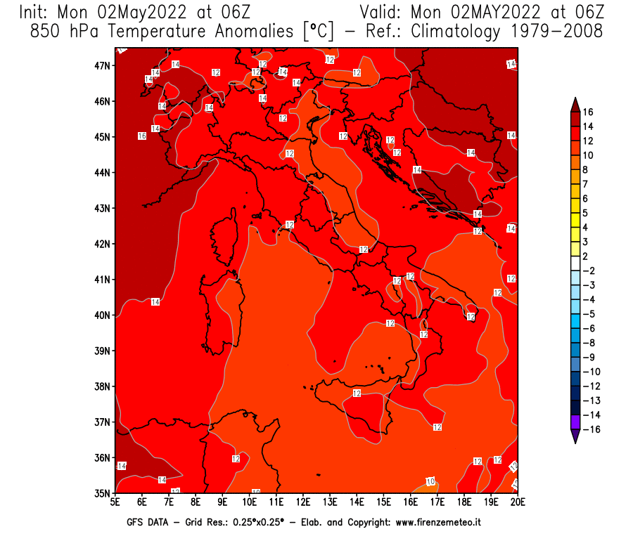 Mappa di analisi GFS - Anomalia Temperatura [°C] a 850 hPa in Italia
									del 02/05/2022 06 <!--googleoff: index-->UTC<!--googleon: index-->