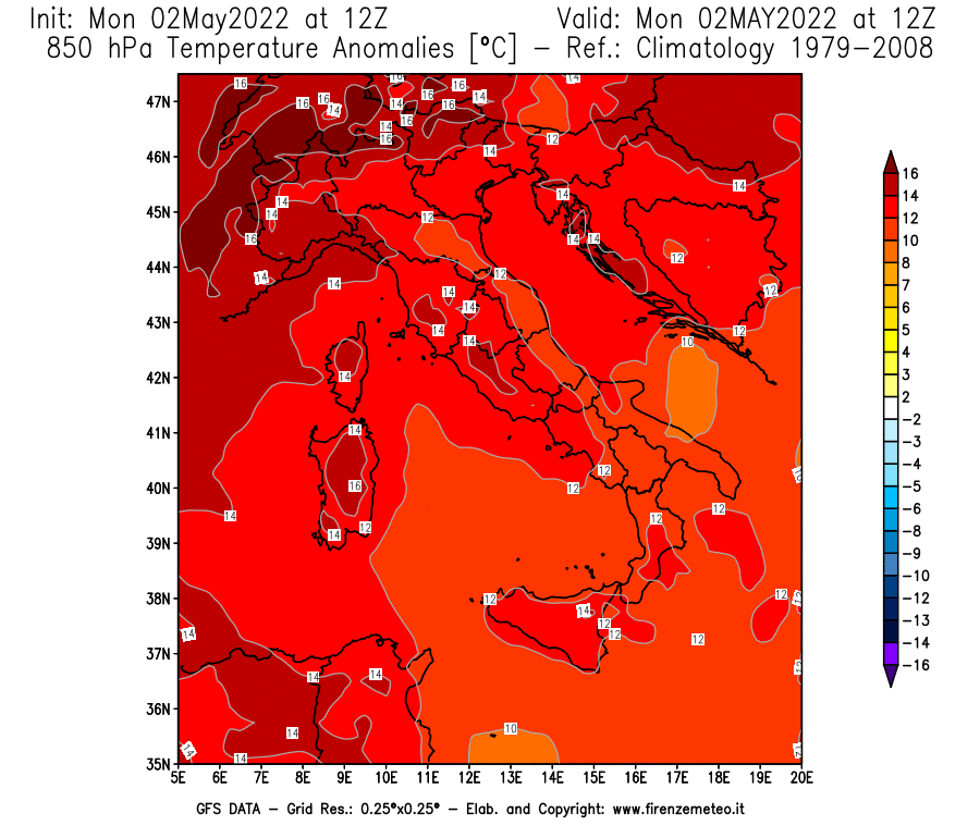 Mappa di analisi GFS - Anomalia Temperatura [°C] a 850 hPa in Italia
									del 02/05/2022 12 <!--googleoff: index-->UTC<!--googleon: index-->