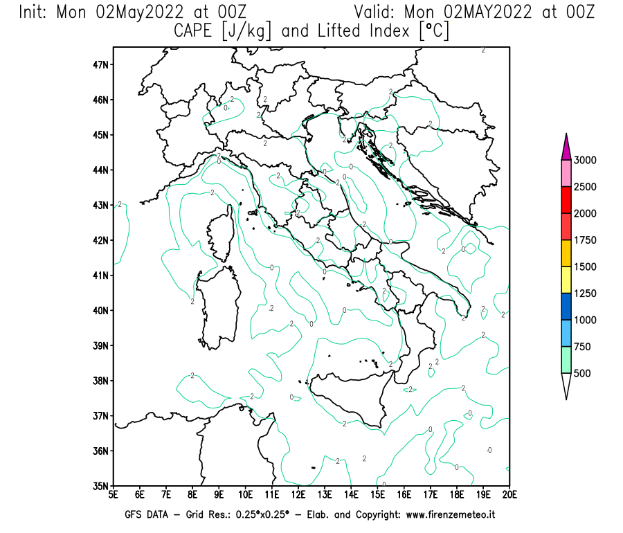 Mappa di analisi GFS - CAPE [J/kg] e Lifted Index [°C] in Italia
									del 02/05/2022 00 <!--googleoff: index-->UTC<!--googleon: index-->