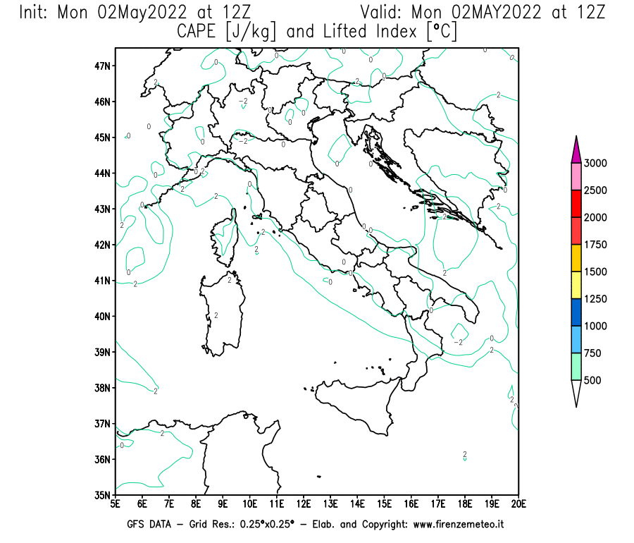 Mappa di analisi GFS - CAPE [J/kg] e Lifted Index [°C] in Italia
									del 02/05/2022 12 <!--googleoff: index-->UTC<!--googleon: index-->
