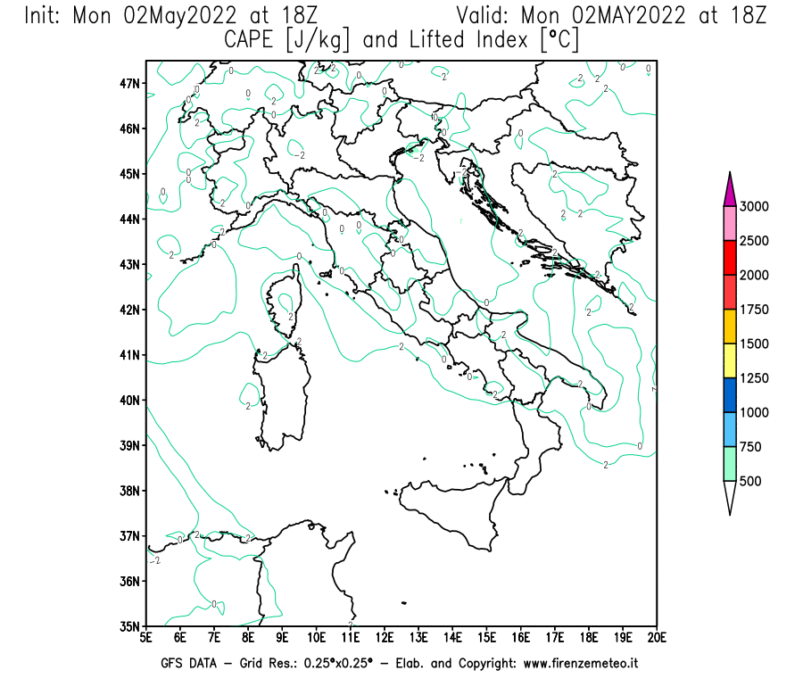 Mappa di analisi GFS - CAPE [J/kg] e Lifted Index [°C] in Italia
									del 02/05/2022 18 <!--googleoff: index-->UTC<!--googleon: index-->
