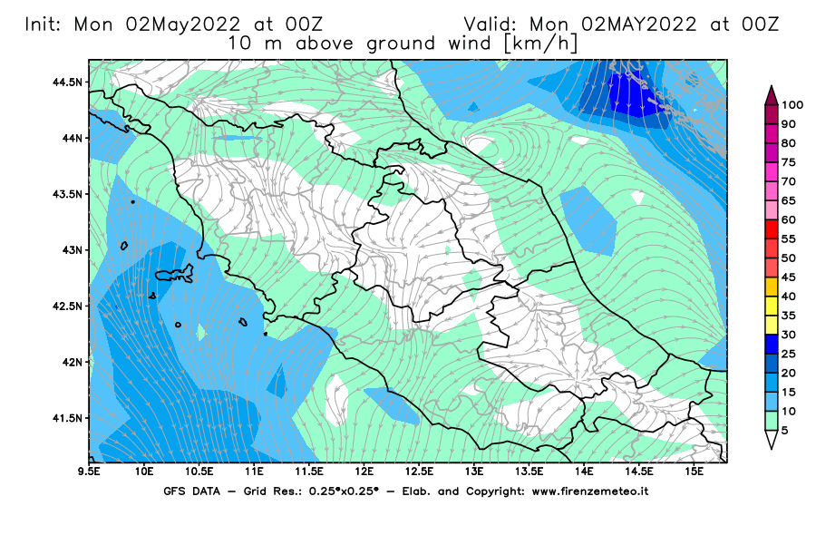 Mappa di analisi GFS - Velocità del vento a 10 metri dal suolo [km/h] in Centro-Italia
									del 02/05/2022 00 <!--googleoff: index-->UTC<!--googleon: index-->