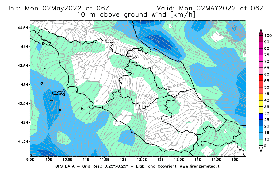 Mappa di analisi GFS - Velocità del vento a 10 metri dal suolo [km/h] in Centro-Italia
									del 02/05/2022 06 <!--googleoff: index-->UTC<!--googleon: index-->