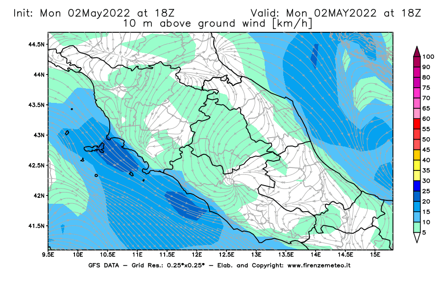 Mappa di analisi GFS - Velocità del vento a 10 metri dal suolo [km/h] in Centro-Italia
									del 02/05/2022 18 <!--googleoff: index-->UTC<!--googleon: index-->