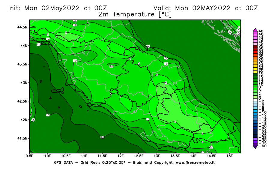 Mappa di analisi GFS - Temperatura a 2 metri dal suolo [°C] in Centro-Italia
									del 02/05/2022 00 <!--googleoff: index-->UTC<!--googleon: index-->