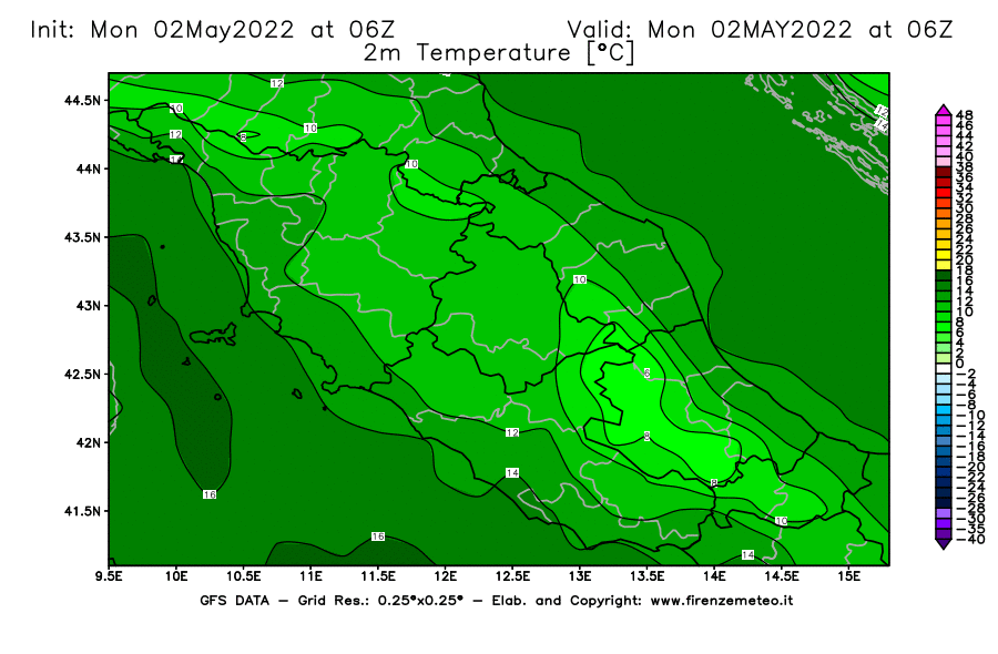Mappa di analisi GFS - Temperatura a 2 metri dal suolo [°C] in Centro-Italia
									del 02/05/2022 06 <!--googleoff: index-->UTC<!--googleon: index-->
