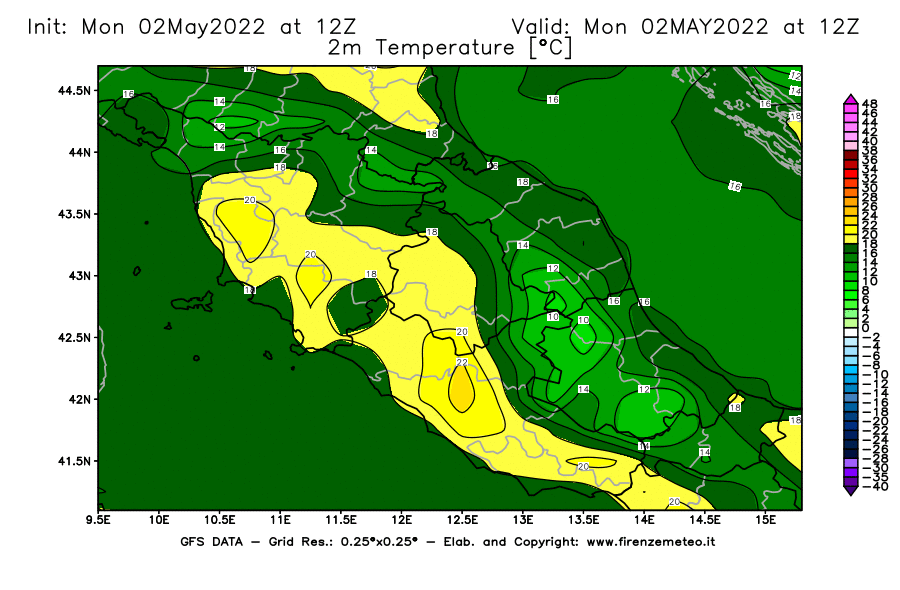 Mappa di analisi GFS - Temperatura a 2 metri dal suolo [°C] in Centro-Italia
									del 02/05/2022 12 <!--googleoff: index-->UTC<!--googleon: index-->