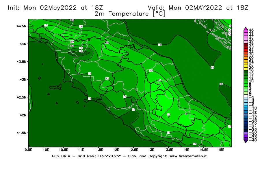 Mappa di analisi GFS - Temperatura a 2 metri dal suolo [°C] in Centro-Italia
									del 02/05/2022 18 <!--googleoff: index-->UTC<!--googleon: index-->
