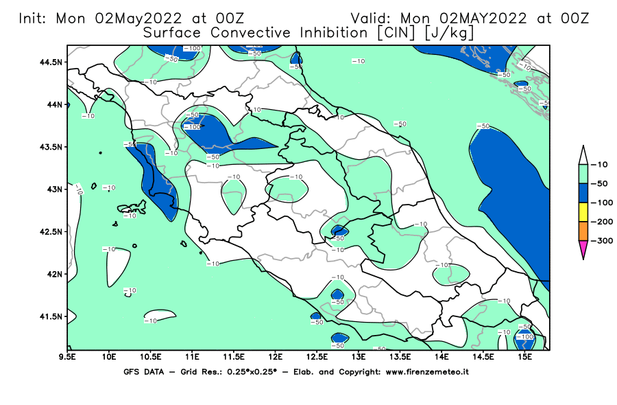 Mappa di analisi GFS - CIN [J/kg] in Centro-Italia
									del 02/05/2022 00 <!--googleoff: index-->UTC<!--googleon: index-->