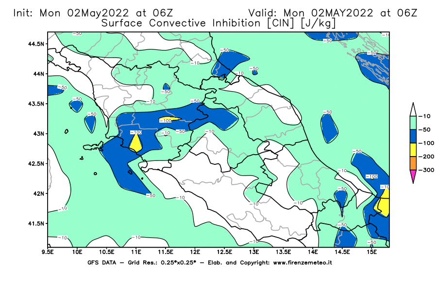 Mappa di analisi GFS - CIN [J/kg] in Centro-Italia
									del 02/05/2022 06 <!--googleoff: index-->UTC<!--googleon: index-->
