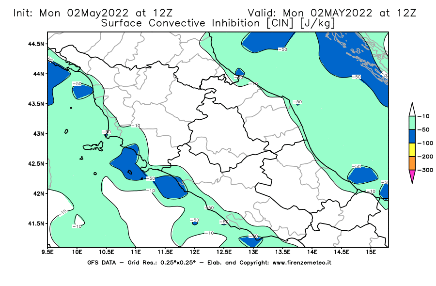 Mappa di analisi GFS - CIN [J/kg] in Centro-Italia
									del 02/05/2022 12 <!--googleoff: index-->UTC<!--googleon: index-->