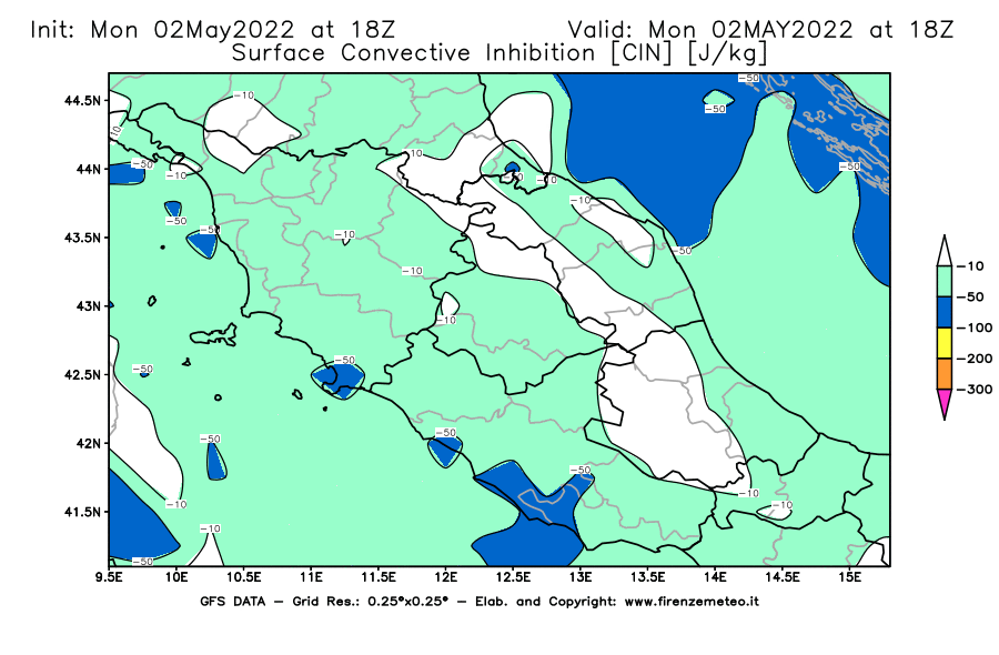 Mappa di analisi GFS - CIN [J/kg] in Centro-Italia
									del 02/05/2022 18 <!--googleoff: index-->UTC<!--googleon: index-->