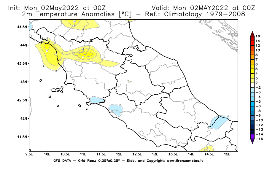 Mappa di analisi GFS - Anomalia Temperatura [°C] a 2 m in Centro-Italia
									del 02/05/2022 00 <!--googleoff: index-->UTC<!--googleon: index-->