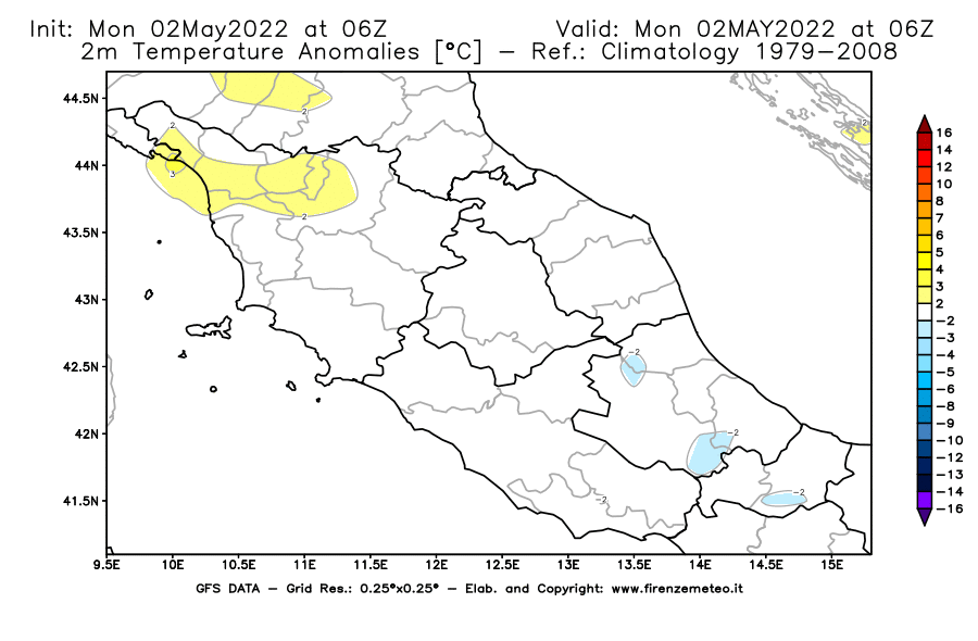 Mappa di analisi GFS - Anomalia Temperatura [°C] a 2 m in Centro-Italia
									del 02/05/2022 06 <!--googleoff: index-->UTC<!--googleon: index-->