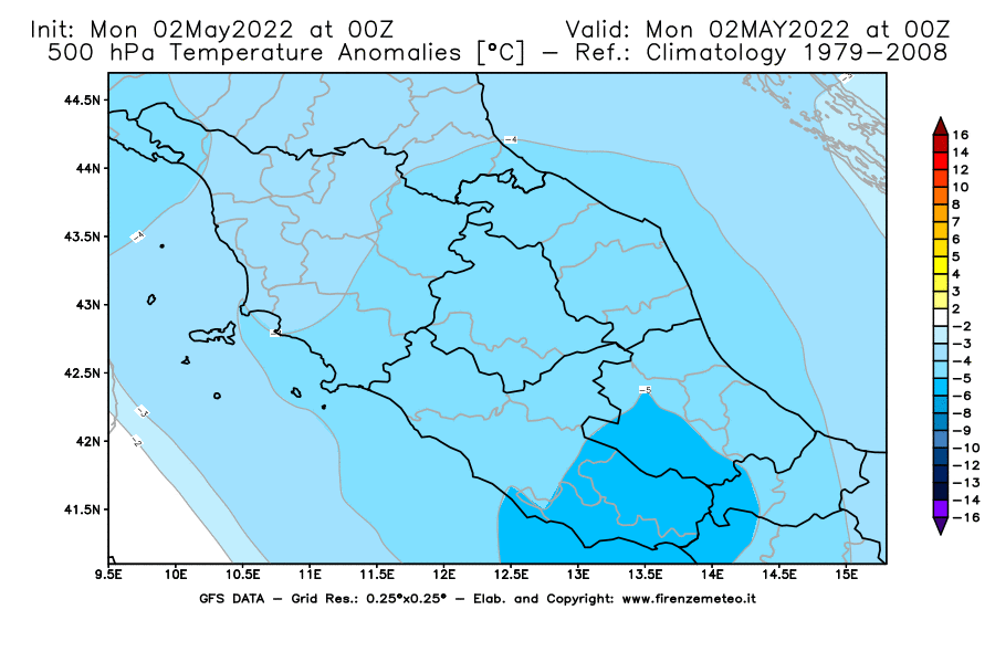 Mappa di analisi GFS - Anomalia Temperatura [°C] a 500 hPa in Centro-Italia
									del 02/05/2022 00 <!--googleoff: index-->UTC<!--googleon: index-->