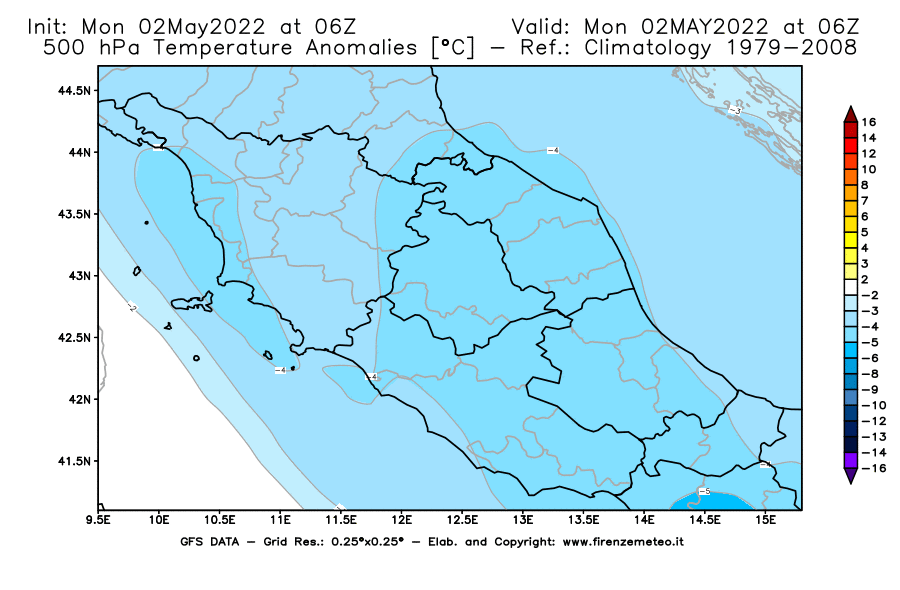 Mappa di analisi GFS - Anomalia Temperatura [°C] a 500 hPa in Centro-Italia
									del 02/05/2022 06 <!--googleoff: index-->UTC<!--googleon: index-->