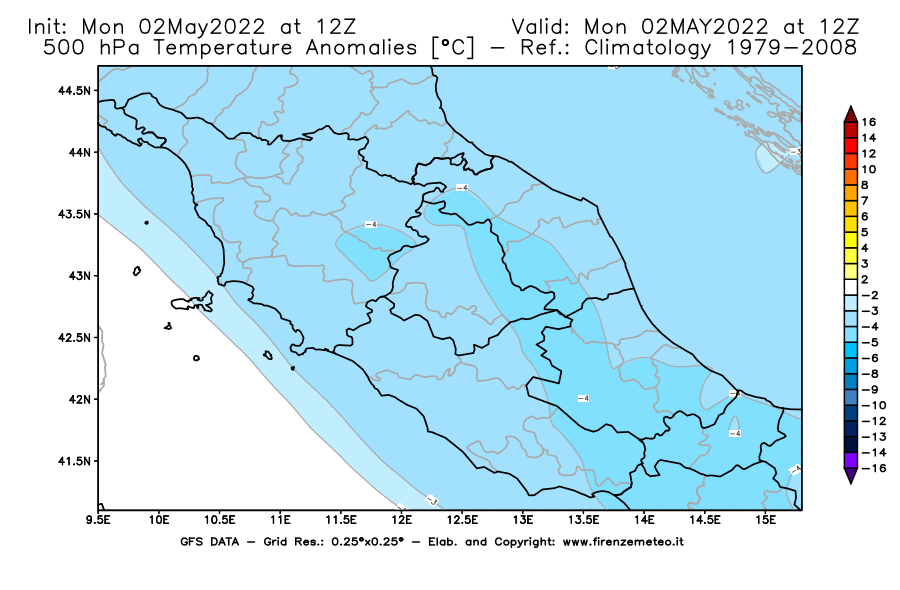 Mappa di analisi GFS - Anomalia Temperatura [°C] a 500 hPa in Centro-Italia
									del 02/05/2022 12 <!--googleoff: index-->UTC<!--googleon: index-->