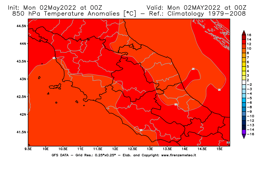Mappa di analisi GFS - Anomalia Temperatura [°C] a 850 hPa in Centro-Italia
									del 02/05/2022 00 <!--googleoff: index-->UTC<!--googleon: index-->