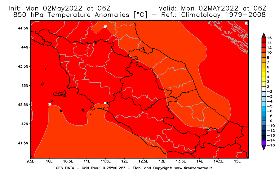 Mappa di analisi GFS - Anomalia Temperatura [°C] a 850 hPa in Centro-Italia
									del 02/05/2022 06 <!--googleoff: index-->UTC<!--googleon: index-->