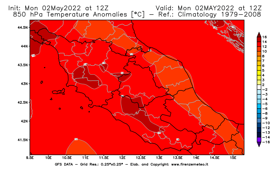 Mappa di analisi GFS - Anomalia Temperatura [°C] a 850 hPa in Centro-Italia
									del 02/05/2022 12 <!--googleoff: index-->UTC<!--googleon: index-->