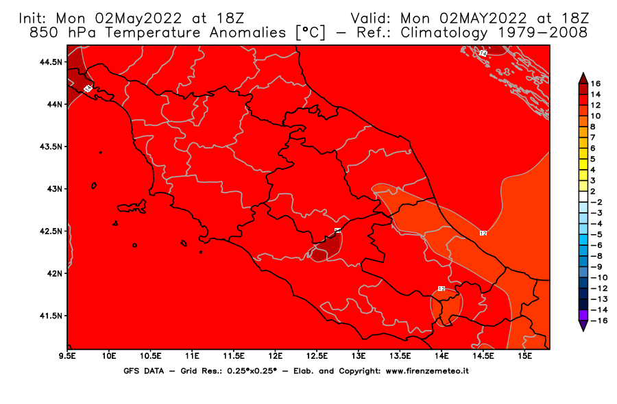Mappa di analisi GFS - Anomalia Temperatura [°C] a 850 hPa in Centro-Italia
									del 02/05/2022 18 <!--googleoff: index-->UTC<!--googleon: index-->