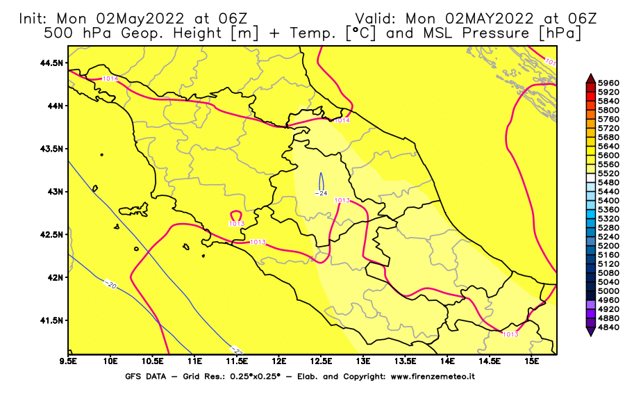 Mappa di analisi GFS - Geopotenziale [m] + Temp. [°C] a 500 hPa + Press. a livello del mare [hPa] in Centro-Italia
									del 02/05/2022 06 <!--googleoff: index-->UTC<!--googleon: index-->
