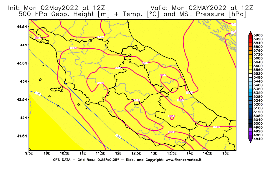Mappa di analisi GFS - Geopotenziale [m] + Temp. [°C] a 500 hPa + Press. a livello del mare [hPa] in Centro-Italia
									del 02/05/2022 12 <!--googleoff: index-->UTC<!--googleon: index-->