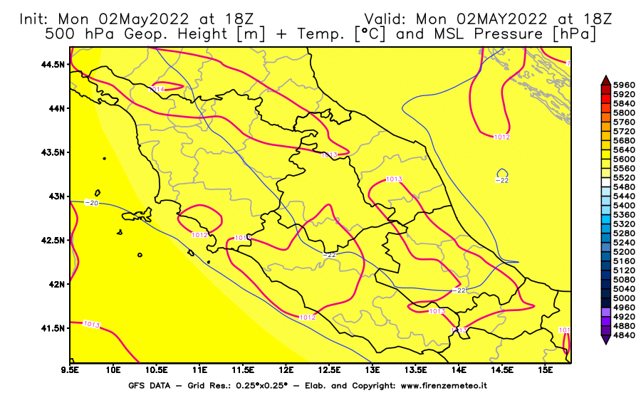Mappa di analisi GFS - Geopotenziale [m] + Temp. [°C] a 500 hPa + Press. a livello del mare [hPa] in Centro-Italia
									del 02/05/2022 18 <!--googleoff: index-->UTC<!--googleon: index-->