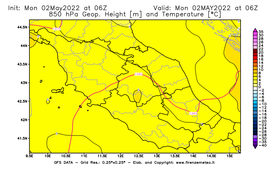 Mappa di analisi GFS - Geopotenziale [m] e Temperatura [°C] a 850 hPa in Centro-Italia
									del 02/05/2022 06 <!--googleoff: index-->UTC<!--googleon: index-->