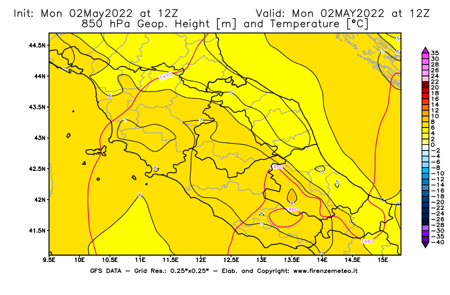 Mappa di analisi GFS - Geopotenziale [m] e Temperatura [°C] a 850 hPa in Centro-Italia
									del 02/05/2022 12 <!--googleoff: index-->UTC<!--googleon: index-->