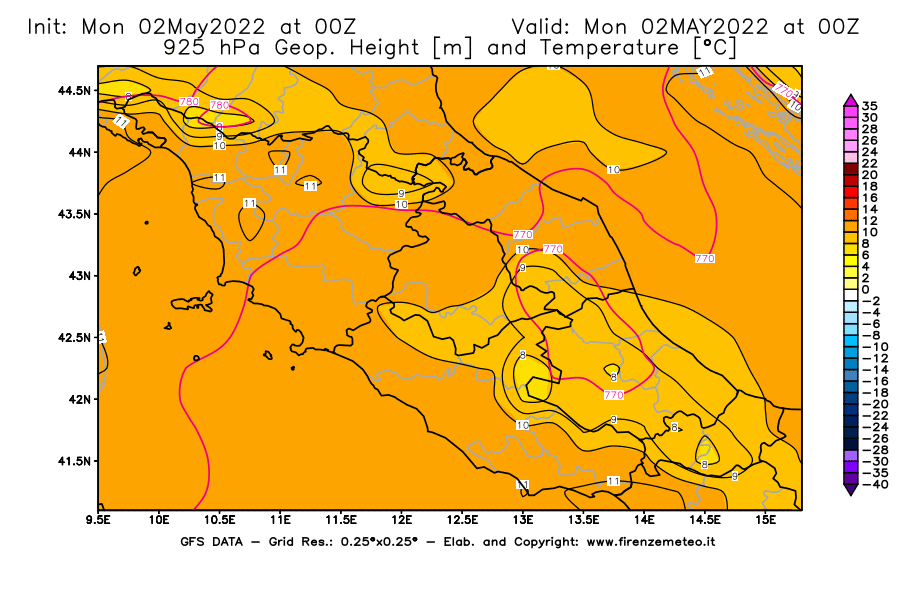 Mappa di analisi GFS - Geopotenziale [m] e Temperatura [°C] a 925 hPa in Centro-Italia
									del 02/05/2022 00 <!--googleoff: index-->UTC<!--googleon: index-->