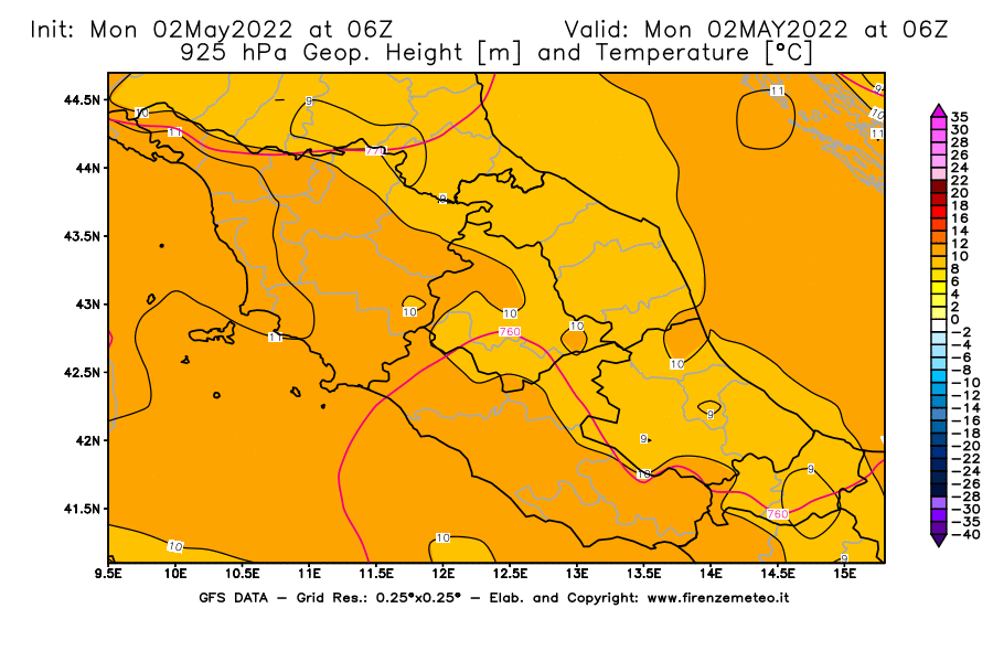 Mappa di analisi GFS - Geopotenziale [m] e Temperatura [°C] a 925 hPa in Centro-Italia
									del 02/05/2022 06 <!--googleoff: index-->UTC<!--googleon: index-->
