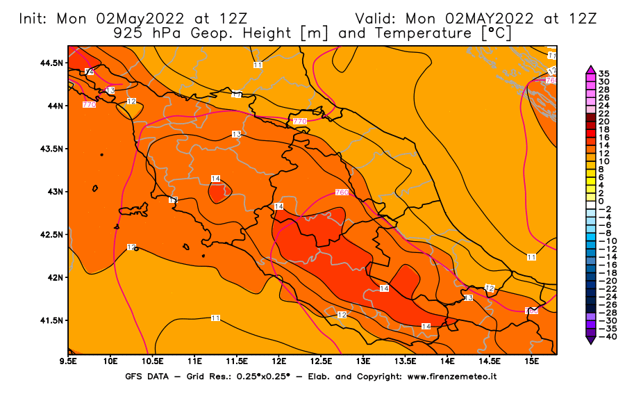 Mappa di analisi GFS - Geopotenziale [m] e Temperatura [°C] a 925 hPa in Centro-Italia
									del 02/05/2022 12 <!--googleoff: index-->UTC<!--googleon: index-->