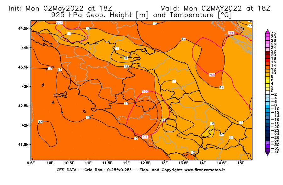 Mappa di analisi GFS - Geopotenziale [m] e Temperatura [°C] a 925 hPa in Centro-Italia
									del 02/05/2022 18 <!--googleoff: index-->UTC<!--googleon: index-->