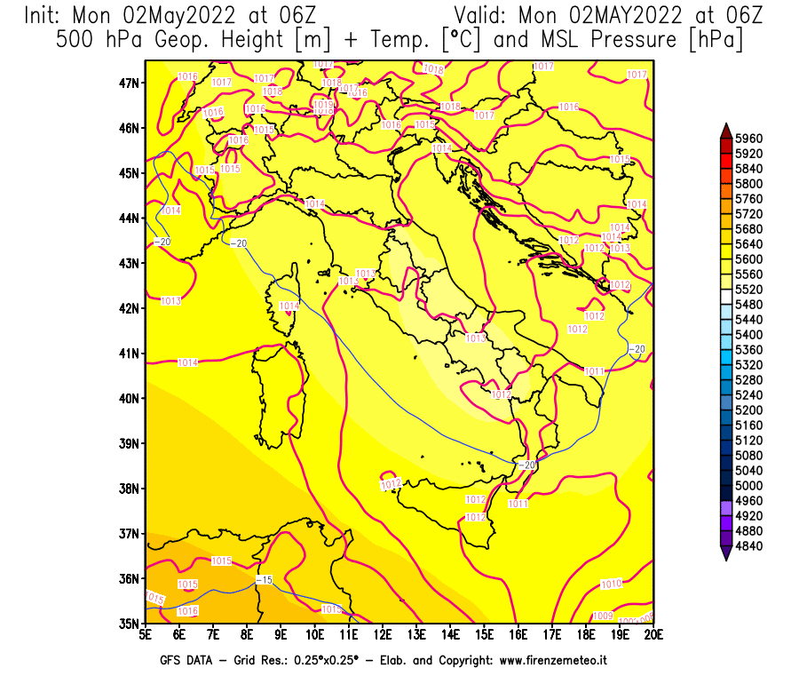 Mappa di analisi GFS - Geopotenziale [m] + Temp. [°C] a 500 hPa + Press. a livello del mare [hPa] in Italia
									del 02/05/2022 06 <!--googleoff: index-->UTC<!--googleon: index-->