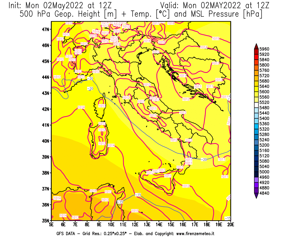 Mappa di analisi GFS - Geopotenziale [m] + Temp. [°C] a 500 hPa + Press. a livello del mare [hPa] in Italia
									del 02/05/2022 12 <!--googleoff: index-->UTC<!--googleon: index-->