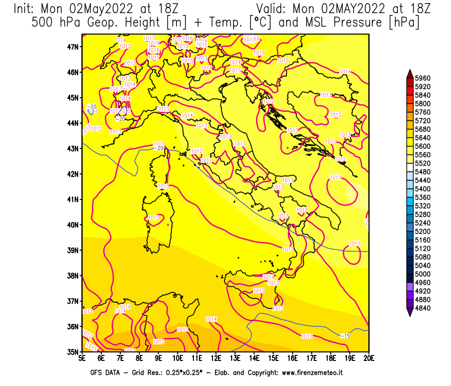 Mappa di analisi GFS - Geopotenziale [m] + Temp. [°C] a 500 hPa + Press. a livello del mare [hPa] in Italia
									del 02/05/2022 18 <!--googleoff: index-->UTC<!--googleon: index-->